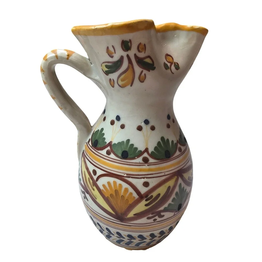 Vintage Toledo G.M. Spanish Hand‎ Painted Ceramic Pitcher Pottery Spouted Jug E1